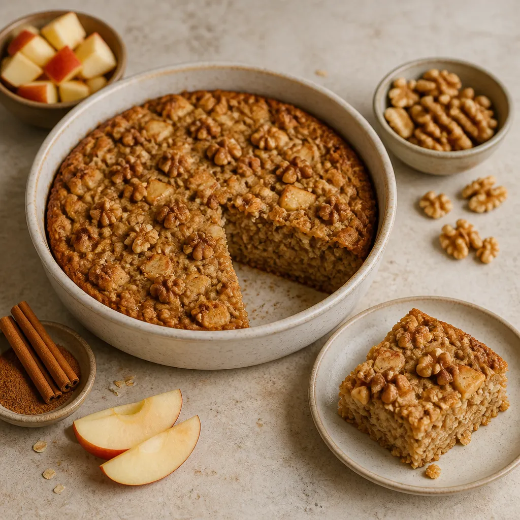 Appel-kaneel baked oats met walnoten, met een punt eruit gesneden