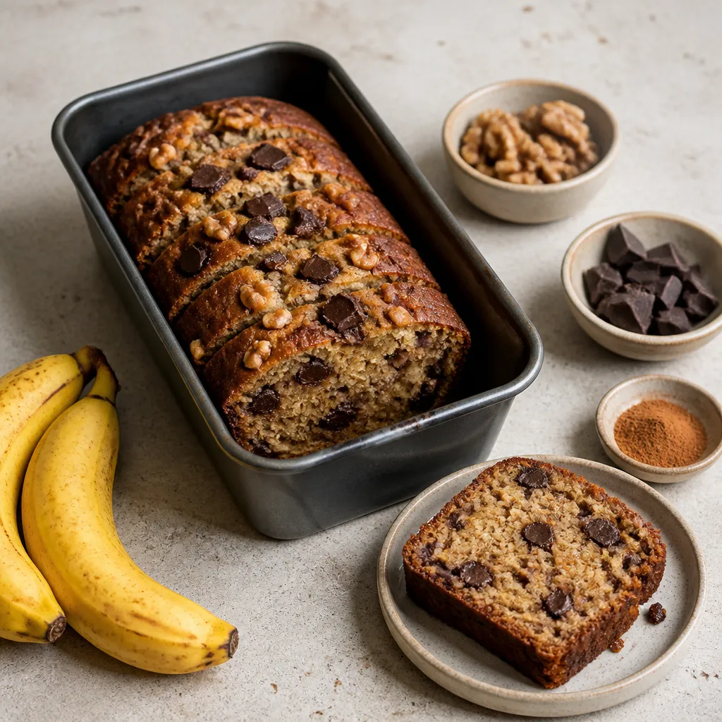 Bananenbrood met stukjes chocolade in een cakeblik, met bananen ernaast