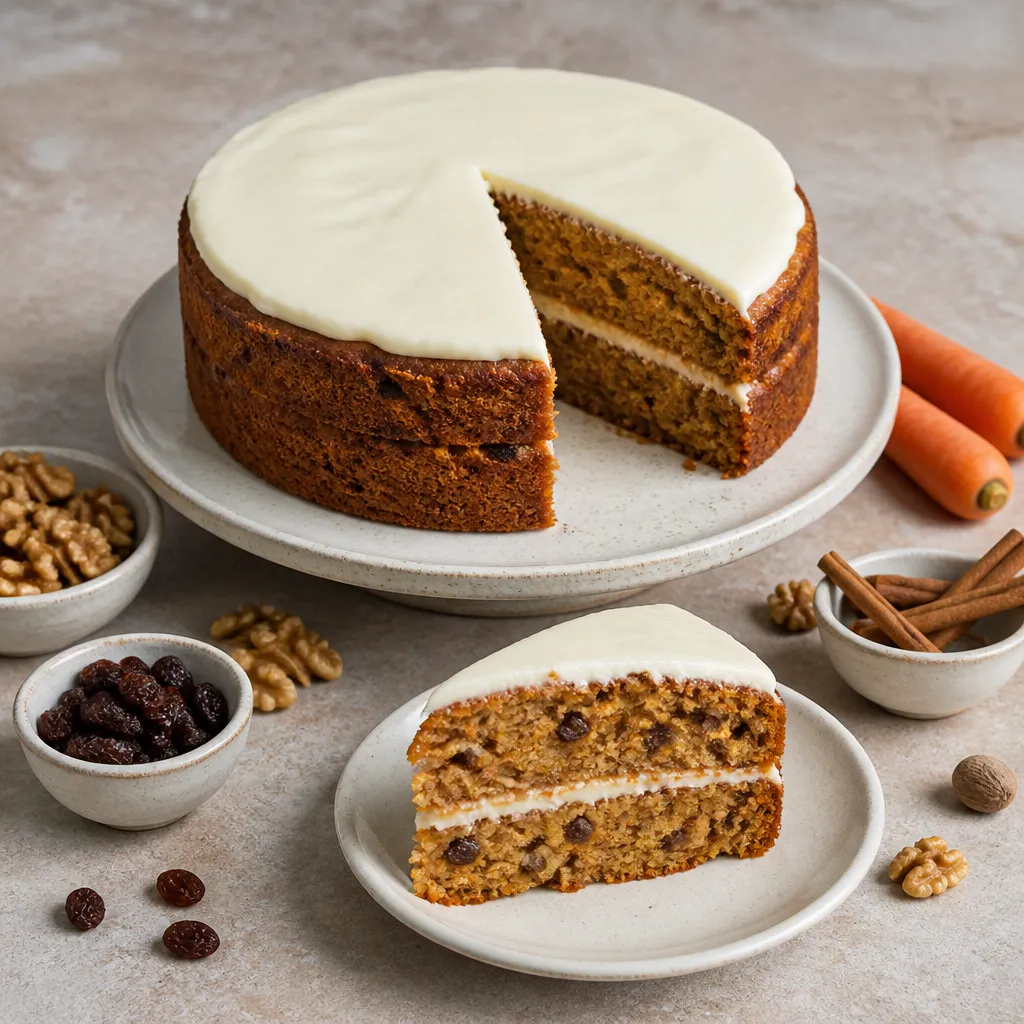 Carrot cake met een laag kwarkfrosting en walnoten