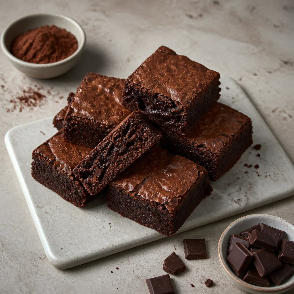 Gestapelde vierkante protein brownies met een krokante bovenkant