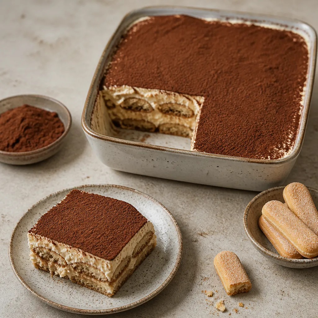 Tiramisu-taart met een laag cacaopoeder, aangesneden
